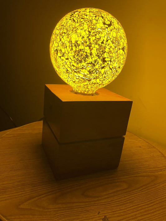 Golden Glow Sphere Lamp on Wooden Base – Elegant Decorative LED Light for Home & Office