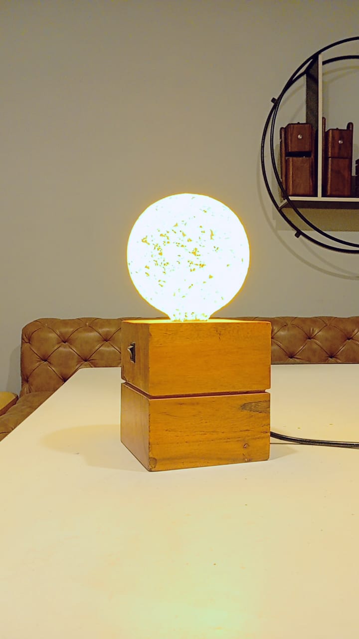 Golden Glow Sphere Lamp on Wooden Base – Elegant Decorative LED Light for Home & Office