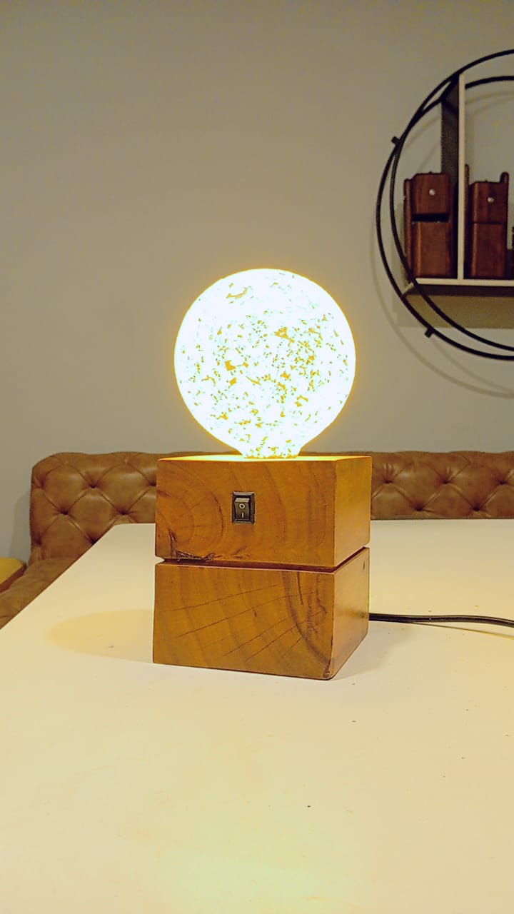 Golden Glow Sphere Lamp on Wooden Base – Elegant Decorative LED Light for Home & Office