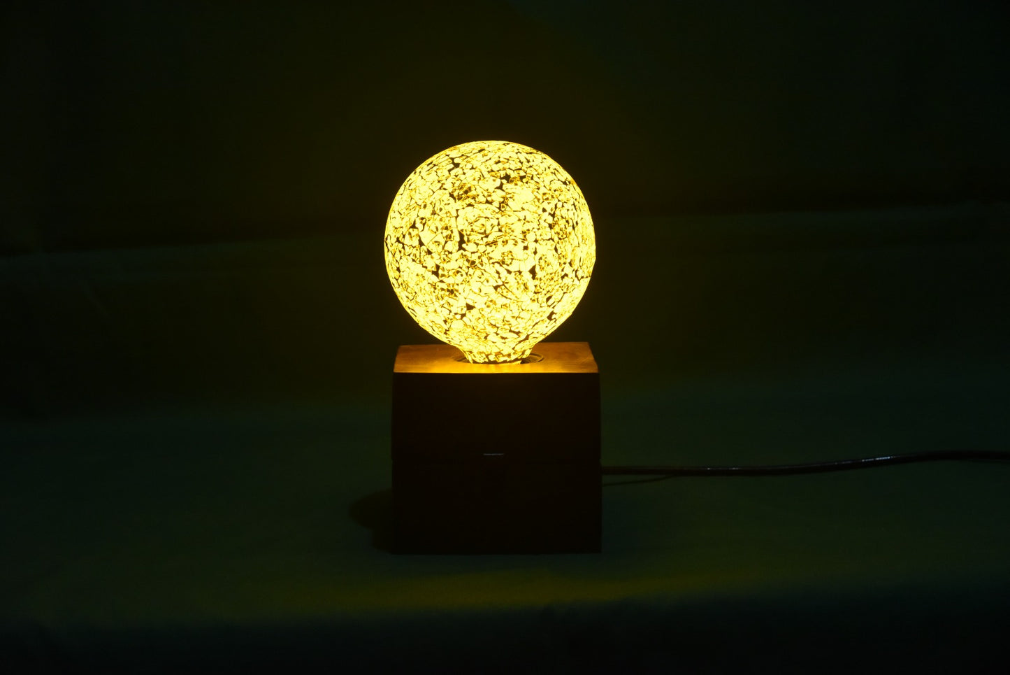 Golden Glow Sphere Lamp on Wooden Base – Elegant Decorative LED Light for Home & Office